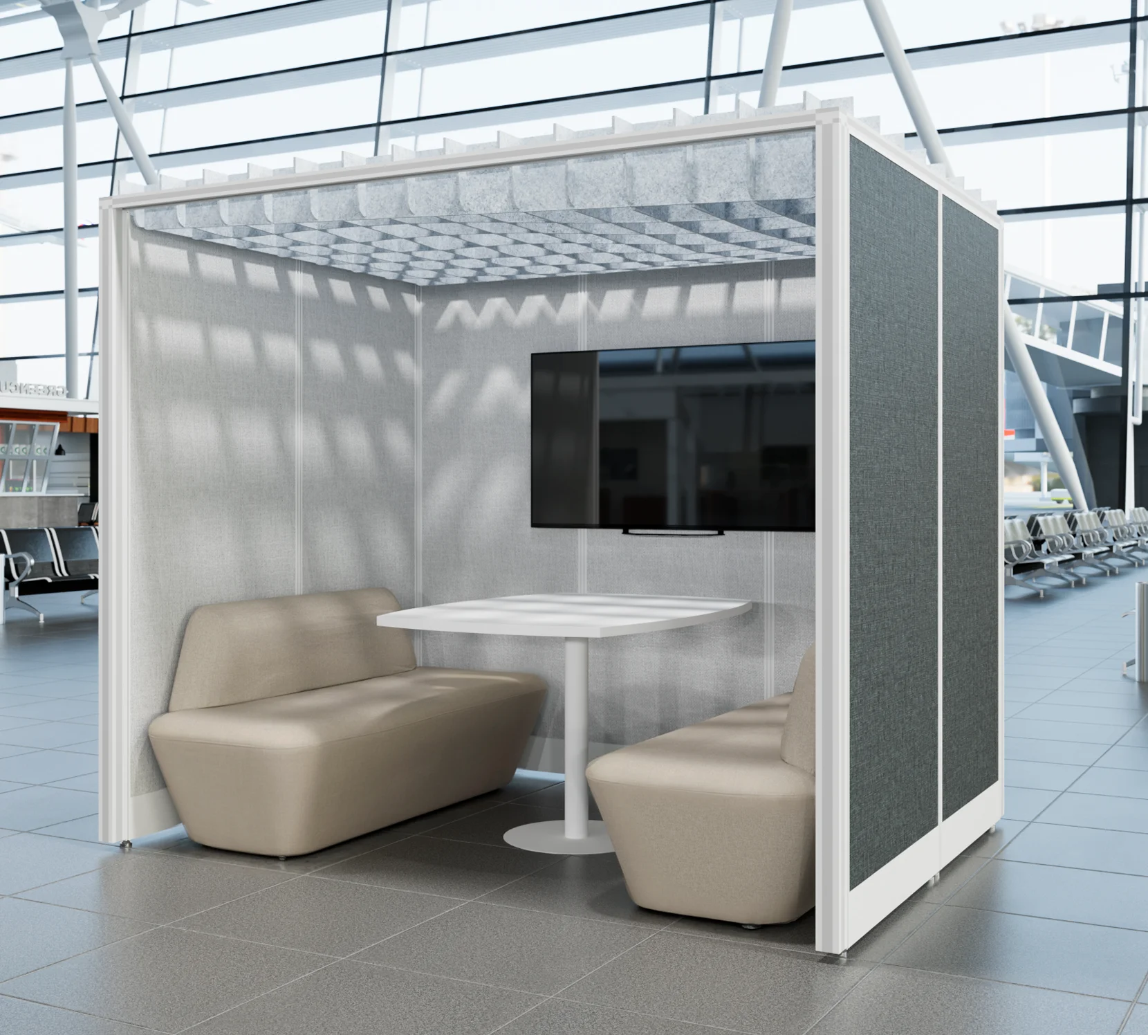 Dos personas colaborando de pie en un escritorio Leva.